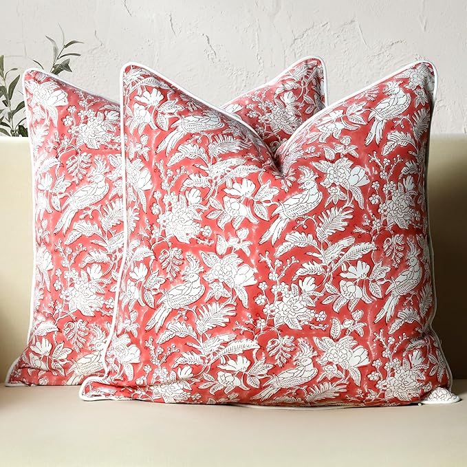 CPC 100% Cotton Throw Pillow Covers 20x20 Inch, Set of 2 Pink Block Print Pattern Couch Pillow, Cute Boho Decorative Pillows for Living Room, Bedroom with Hidden Zipper- Pink Coral