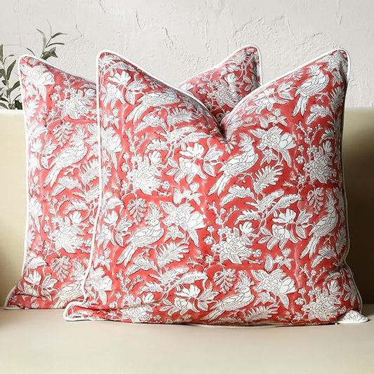 CPC 100% Cotton Throw Pillow Covers 20x20 Inch, Set of 2 Pink Block Print Pattern Couch Pillow, Cute Boho Decorative Pillows for Living Room, Bedroom with Hidden Zipper- Pink Coral