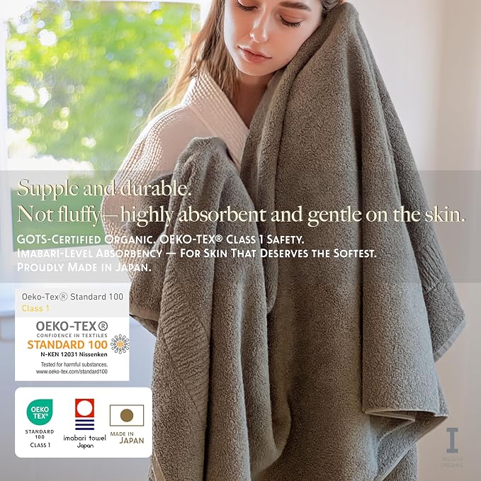Highly Absorbent & Quick-Dry Organic Cotton Bath Towels, Soft & Lightweight, Made in Japan, Oeko-Tex Class 1 Certified, 28 x 53 inch, OliveGreen, Pack of 2 – Proof of Purity