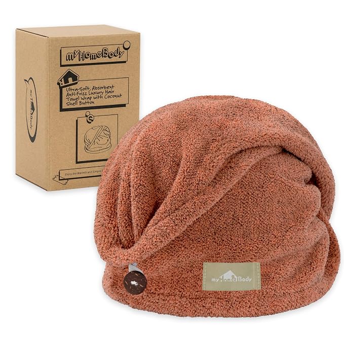 myHomeBody Hair Towel Wrap, Quick Drying Turban, Absorbent Cap – Cinnamon | Hair Turban Towel for wet hair, Ultra Soft Charcoal Fiber Cap, Towel Head Wrap for bathing with Coconut Shell Button