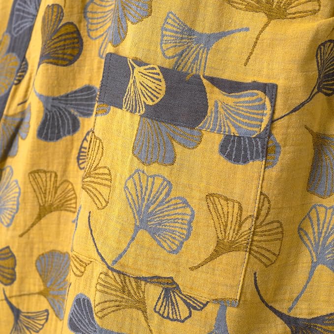 100% Cotton Gauze Ginkgo Leaf Kimono Robe, Long Knit Loose Bathrobe Nightgown Ladies Loungewear Sleepwear for Women