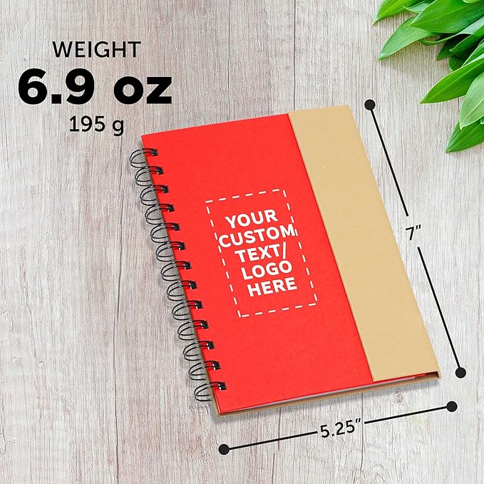 DISCOUNT PROMOS Custom Eco Friendly Spiral Notebooks with Pens Set of 10/50/100, Personalized Bulk Pack - Perfect for School, Office, Home - Red