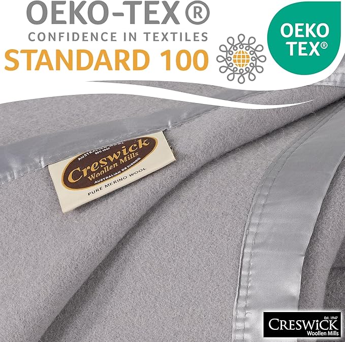 Creswick Woollen Mills 100% Australian Merino Wool Blanket – Soft Warm and Natural with Satin Binding, Breathable Luxury Bedding for All Seasons, (Light Gray, Full/Queen Size)
