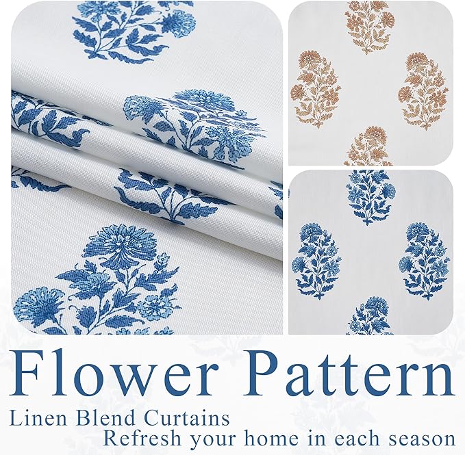 NICETOWN Blue Floral Linen Curtains 84 inches Long Pattern Printed for Girls Bedroom Nursery, Boho Farmhouse Window Sheer Curtain Drapes Aesthetic Light Filtering Privacy 2 Panel Sets, 55" W