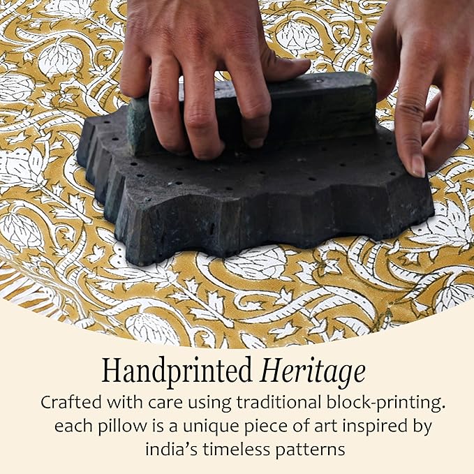 CPC Block Print Ruffle Throw Cover Mustard Regal 18"x18" Inch Pack of 2-100% Cotton Ruffle Couch Decorative Boho Pillows Case for Living Room, Bedroom, Sofa, Farmhouse Gift for Spring, Mother's Day