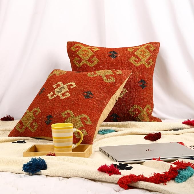 Trade Star 70% Jute 30% Wool Pillow Shams Set of 2 Kilim Cushion Cover Rug Decorative Pillowcase Beautiful Cushion case Handwoven Throw Pillow Covers 18x18 Inches for Home Decor (Kilim 9)