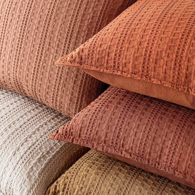 Foindtower Set of 2 Decorative Cotton Waffle Weave Throw Pillow Cover Euro Shams Cushion Covers Accent European Pillowcase For Bed Couch Sofa Bedroom Living Room Home Decor 20×20 Inch Fall Rust Orange