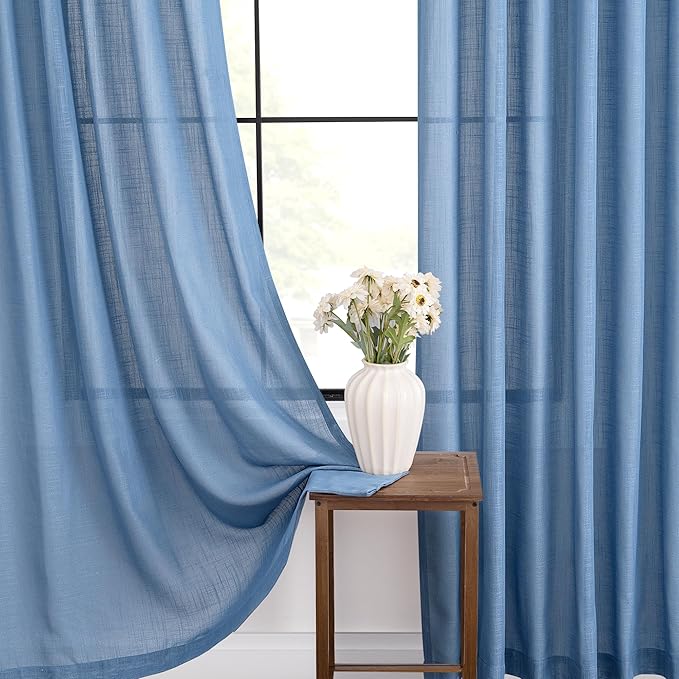 Denim Blue Curtains for Living Room Back Tab Modern Farmhouse Semi Sheer Blue Curtains 144 inches Long 2 Panels Set Muted Neutral Window Curtain for Dining Room Bedroom 52x144