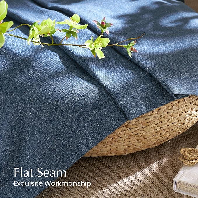 NICETOWN Thick Linen Navy Blue Curtains 96 inches Long, Rod Pocket & Back Tab Flax Semi-Sheer with Light Filtering Window Treatments Privacy Assured for Living Room, W55 x L96, 2 Panels
