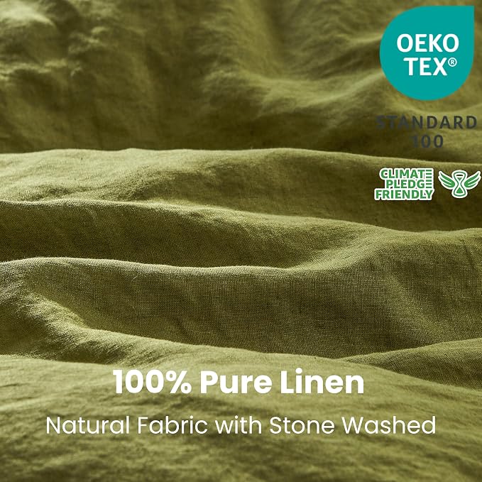 Simple&Opulence 100% Linen Duvet Cover Set 3pcs with Coconut Button Closure Natural French Washed Flax Solid Color Soft Breathable Farmhouse Bedding - Olive Green, Queen Size