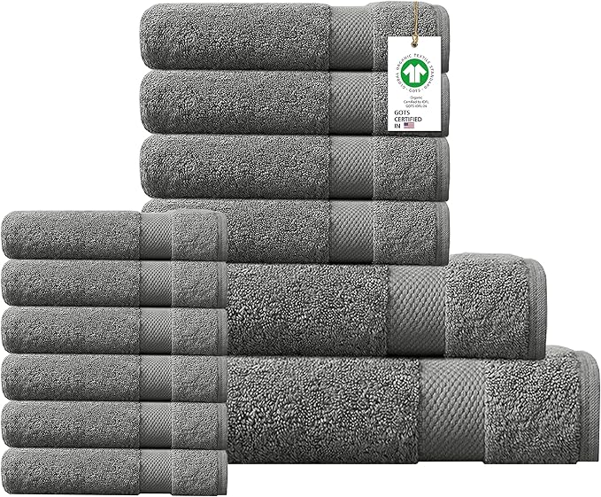100% Organic Cotton Towels 650 GSM Plush Feather Touch Quick Dry Towel, 12-Piece Towel Set GOTS Certified, Oeko-Tex Green Certified, 1 Bath Towel, 1 Bath Sheet, 4 Hand Towels & 6 Wash Cloths