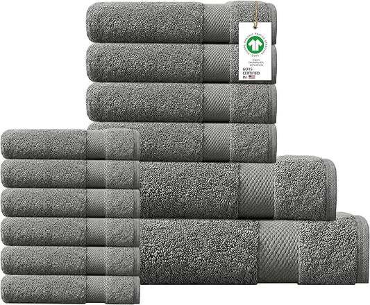 100% Organic Cotton Towels 650 GSM Plush Feather Touch Quick Dry Towel, 12-Piece Towel Set GOTS Certified, Oeko-Tex Green Certified, 1 Bath Towel, 1 Bath Sheet, 4 Hand Towels & 6 Wash Cloths