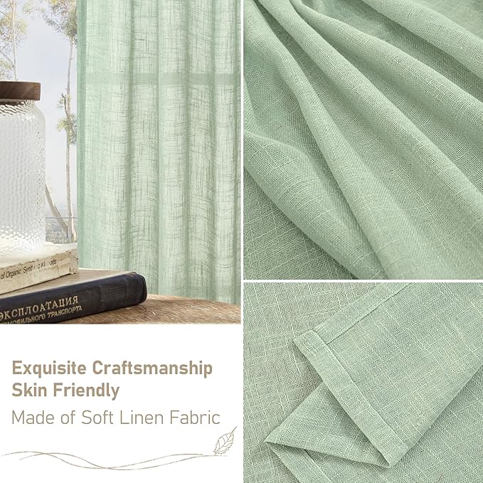 LAMIT Fresh Green Linen Curtains for Living Room, 84 inch Length Light Filtering Semi Sheer Drapes Back Tab and Rod Pocket Farmhouse Panels for Bedroom, 2 Panels, 34 x 84 Inch