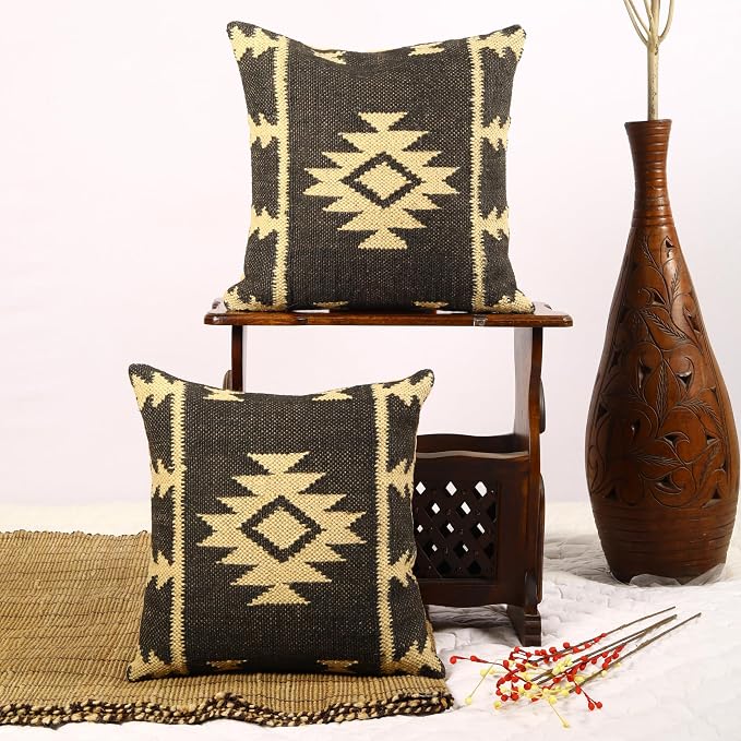 Trade Star Throw Pillow Cover Set of 2 Kilim Cushion Cover 70% Jute 30% Wool Pillow Shams Indian Jute Cushion Cover Vintage Pillow Case Handwoven Pillowcase (Kilim 8)