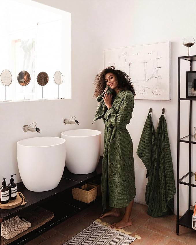 Magic Linen - Unisex Waffle Bathrobe, Hooded Linen-cotton Blend Bath Robe, Lightweight Robe for Women and Men