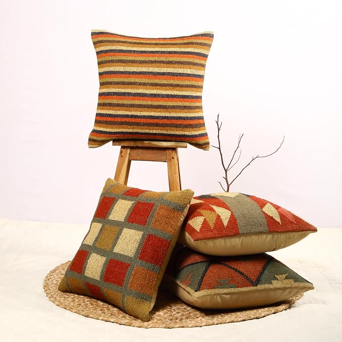 Trade Star 70% Jute 30% Wool Pillow Shams Ethnic Rug Pillow Covers Set of 4 Kilim Cushion Covers Handloomed Decorative Throw Pillow Cover Handwoven Pillowcase (Kilim 3)