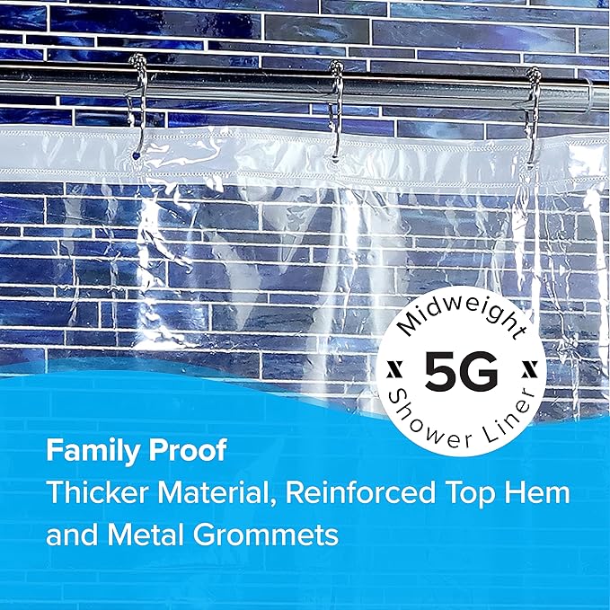 SlipX Solutions Protected Shower Curtain Liner, 5G Thicker Liner, 70"x72", Clear