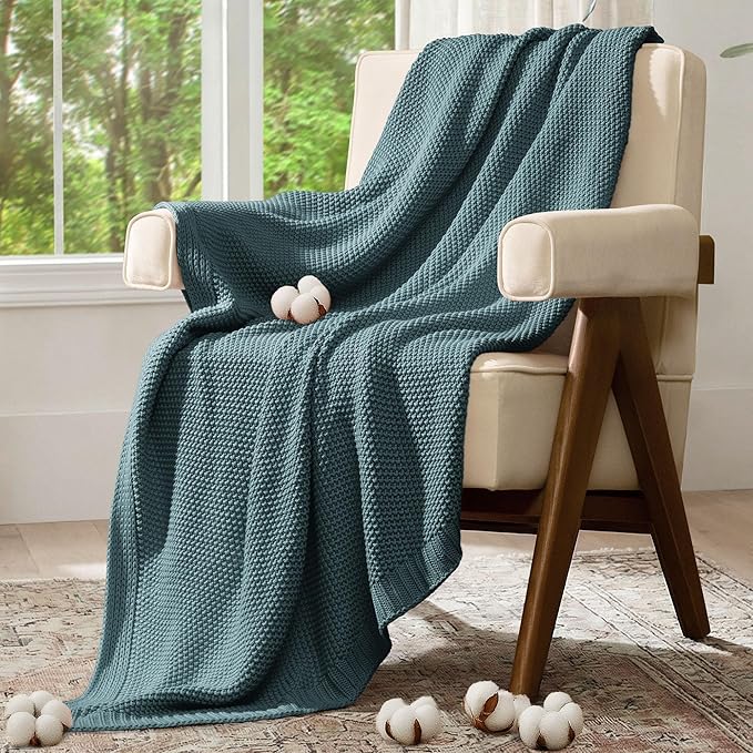 100% Cotton Cable Knit Throw Blanket, Large Lightweight Soft Knit Blanket for Sofa Couch Bed, Breathable All-Season Throw, Cozy Decorative Blanket, 60 x 80 Inch,Teal