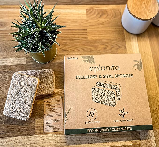 eplanita Natural Plant Based Scrub Sponges (6 Pack), Non-Scratch, Biodegradable Eco Scourers for Kitchen and Bathroom