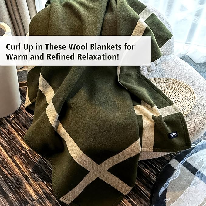 Wool Blanket & Throws 90% Wool Warm Blanket Soft Couch Blankets 75"x55" Twin Throw Blankets for Living Room, Camping, Outdoors, or Car Travel with Exquisite Box for Gift (OliveGreen)