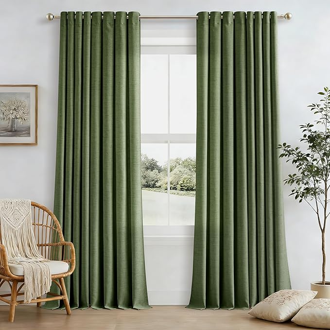 90 Inch Length 2 Panels Olive Green Linen Curtains Loden Filtering Semi Sheer Grommet Drapes Thick Linen Privacy Boho Farmhouse Window Curtain for for Bedroom Office Sliding Door 52x90