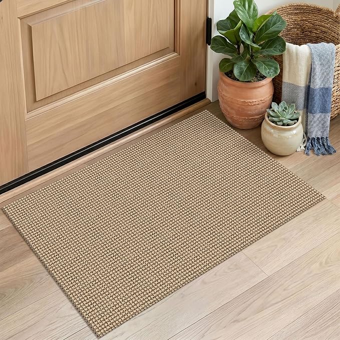 EARTHALL Woven Area Rug 20"x31" Ft Washable Rugs for Entryway Braided Non Slip Door Mat Indoor Outdoor Entrance Small Cotton Woven Carpet for Kitchen Foyer Front Door, Orange/Tan/Brown