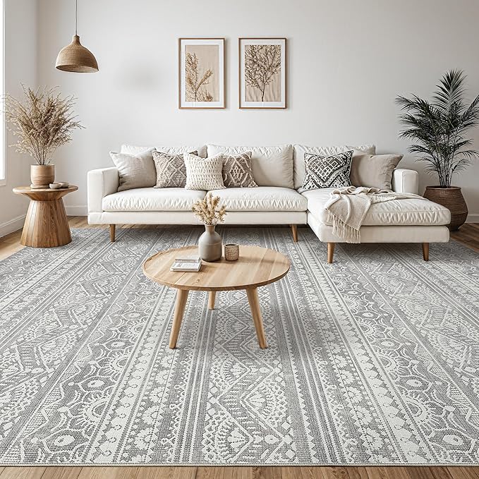 Tortania Area Rug Living Room Rugs - 10x14 Washable Large Soft Neutral Boho Moroccan Bohemian Farmhouse Rug Indoor Floor Carpet for Bedroom Under Dining Table Home Office Decor - Neutral Grey