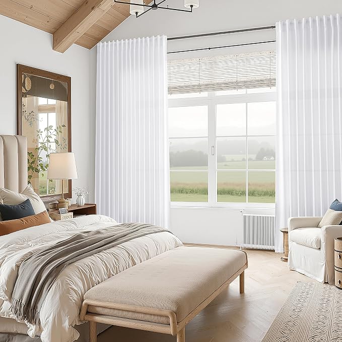 Snow White Linen Curtains 102 Inches Long for Living Room Light Filtering Semi Sheer Curtain Back Tab Luxury Neutral Modern Farmhouse Decor Floor to Ceiling Neutral Drapes for Bedroom 52x102,2 Panels
