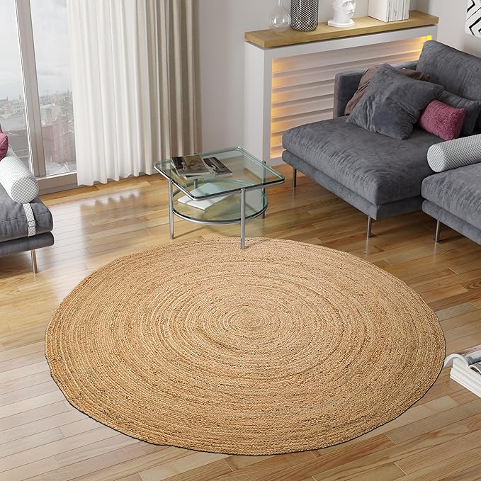 Hausattire Hand Woven Jute Braided Rug, 6’ Round – Natural, Reversible Boho Entry Area Rugs for Kitchen, Living Room I Farmhouse Decorative Floor Rug, 6 Feet Round