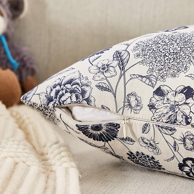 100% Cotton Botanical Throw Pillow Covers Set of 2, 22x22 Inch Navy, Farmhouse Double-Sided Floral Print Decorative Cushion Covers Pillow Cases Boho Home Decor