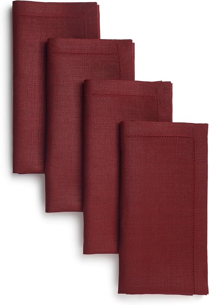 Signature Linen™ by D'Moksha Red Garnet Dinner Napkins Set of 4, 20 x 20 Inch Cloth Napkins, 100% Pure Linen, Hemstitch, Machine Washable Table Napkins- Summer, Father's Day