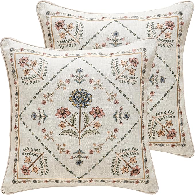 ISAENNE Design Square Floral Linen Throw Pillow Covers 18"x18" Pack of 2, Yellow Pink Flower Pattern Cushion Covers Decor Pillowcases for Bed,Living Room,Outdoor,Car