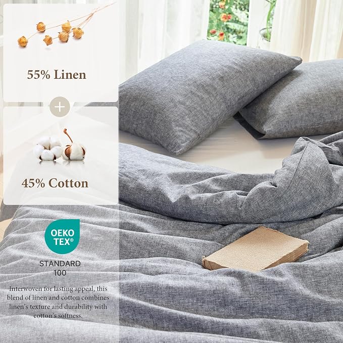 Simple&Opulence Linen Duvet Cover Set King Size - French Linen Cotton Woven Blend in Dark Grey, 3 Pieces (1 Comforter Cover 104x92” + 2 Pillowcases), Soft & Breathable All-Season Farmhouse Bedding