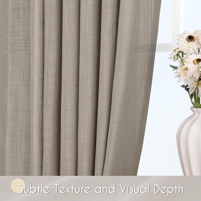 Taupe Linen Curtains 63 inches Long for Living Room Back Tab Rustic Farmhouse Semi Sheer Light Filtering Window Curtain Dining Room Soft Thick Flax Linen Textured Drapes Burlywood Birch Dark Brown