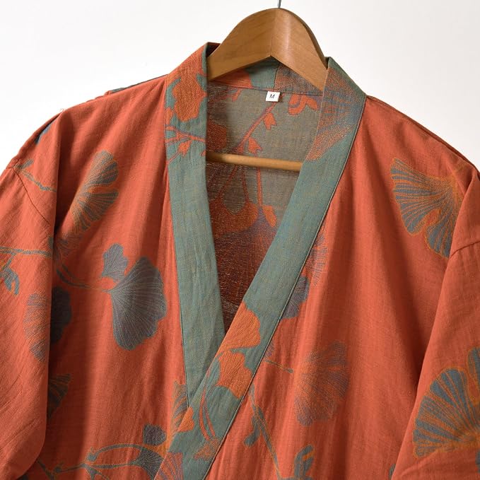 100% Cotton Gauze Ginkgo Leaf Kimono Robe, Long Knit Loose Bathrobe Nightgown Ladies Loungewear Sleepwear for Women