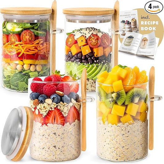 Overnight Oats Containers with Lids, Labels & Spoons (4 x 16oz) Glass Jars for Oatmeal, Meal Prep, Food Storage | Leak-Proof Mason Jars for Oats, Cereal, Yogurt, Chia Pudding [Thicker Glass 3mm]