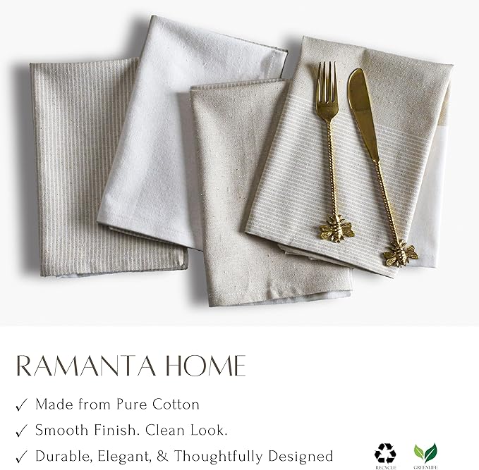 Ramanta Home Cloth Napkins Set of 12 - Beige, 18x18 Inches -Easter Basket Décor Block Striped Dinner Napkin for Spring Farmhouse Wedding, Washable Soft Cotton Durable Table Linen for Everyday Use
