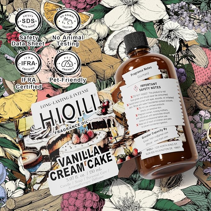 HIQILI Vanilla Cream Cake Fragrance Oil for Soap Making, Add to Dryer Balls | Perfect for Aromatic Air Freshener Spray & Home Diffusers Use, Premium Grade - 5.07 Fl Oz / 150 ML