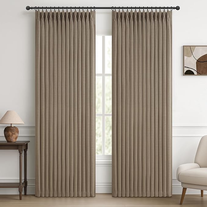 Pinch Pleated Blackout Linen Curtains 72 Inches Long for Laundry Room, Memory Trained Dual Layer Thermal Soundproof Farmhouse Window Drapes Dark Flax 6FT Length Energy Efficient Heavy Curtain 2 Panels