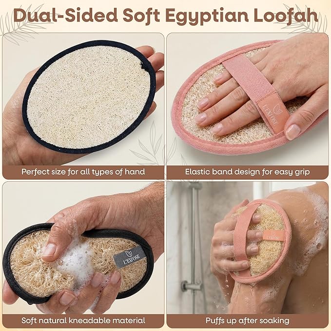 L'Exfose Organic Natural Loofah Body Scrubber for Shower – Dual Sided Egyptian Fiber Plastic Free Loofah – Quick Dry Natural Body Scrubber with Sisal Soap Saver Bag – Minimal Spa Gift for Men Women
