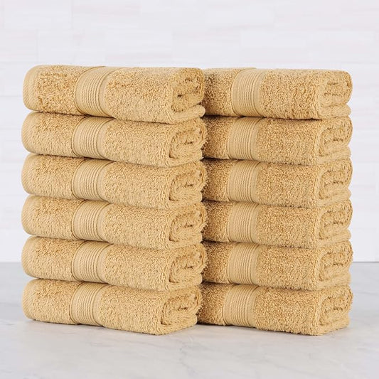 Superior 100% Organic Cotton Face Towel/Washcloth Set of 12, Daily Use for Bathroom, Guest Bath, Quick Dry Small Towels, Face, Hand, Gym, Spa, Hotel, Absorbent, Essentials, Oregon Collection, Gold
