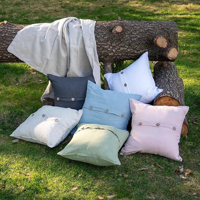 Simple&Opulence Linen Throw Pillow Covers Pack of 2, Triple Coconut Button Vintage Farmhouse Natural Flax Decorative Square Cushion Cover for Sofa Couch Chair - Brush Pink, 18'' x 18''
