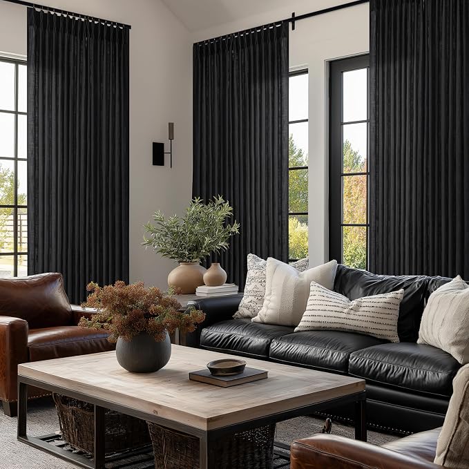 Black Linen 86 Inches Long Curtains 2 Panels Set Pinch Pleated Thick Textured Linen Drapes for Living Room Bedroom Pinch Pleat Back Tab Light Filtering Boho Farmhouse Window Curtains 86 Inch Length