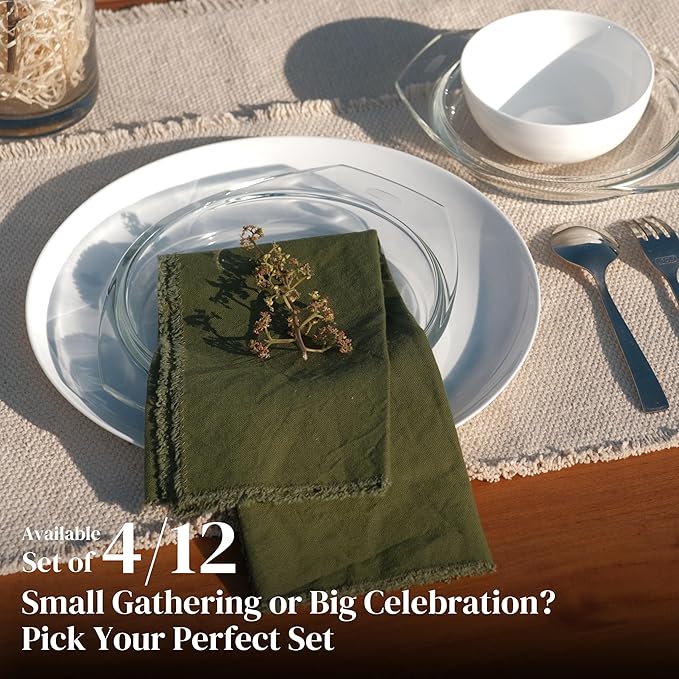 Ramanta Home Cloth Napkins Set of 4 Olive Green 18x18 Inch - Spring Soft & Durable Frayed Dinner Napkin for Easter Wedding, Birthday | Heavy Weight Fabric Table Linen for Everyday Use Family Dinners