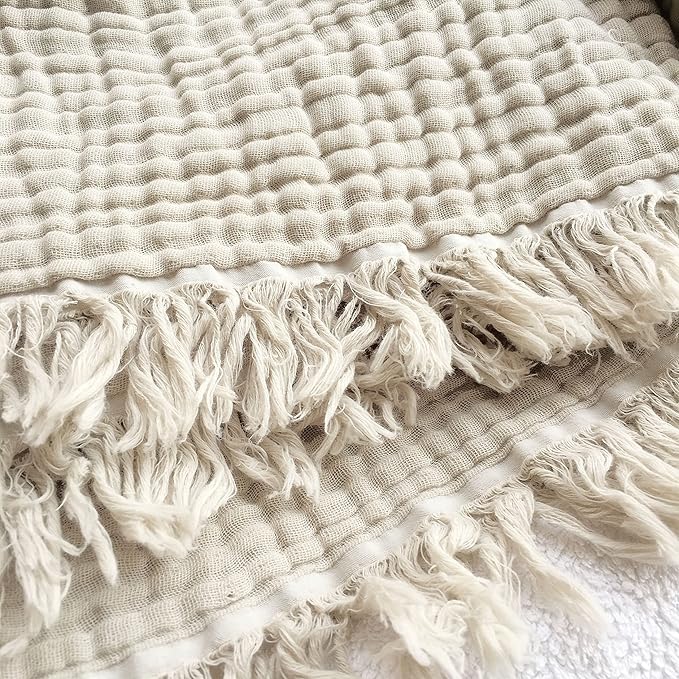 KyraHome 100% Organic Cotton Throw Blankets for Adults, Couch 50"x60", Muslin Blanket, Pre-Washed Plant-Dyed, Breathable Lightweight Summer Throw Blanket, All Season (Oatmeal Khaki Tan)