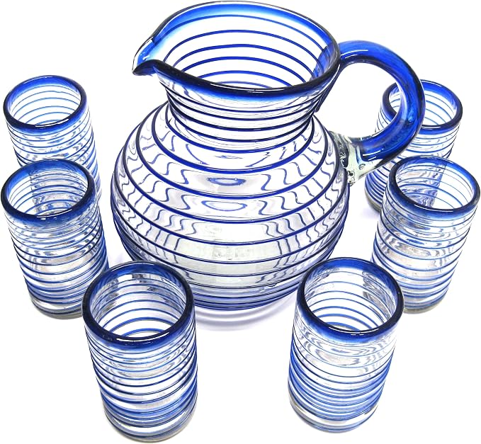 Cobalt Blue Spiral 120 oz Pitcher and 6 Drinking Glasses set, Recycled Glass, Lead-free, Toxin-Free (Pitcher & Glasses)