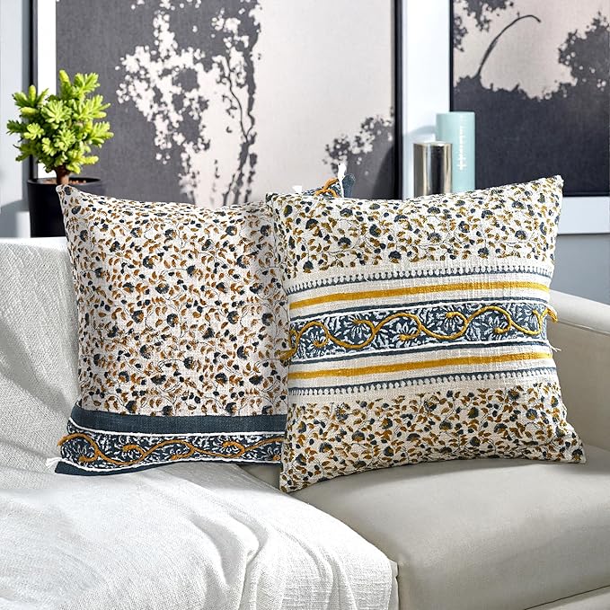Ridhi Cream Mustard Blue Cotton Cushion Cover 18x18 Inch Decorative Throw Pillow Cover for Sofa, Living Room, Bedroom Decor, Soft, Cushion Case for Spring, Easter, Mother's Day