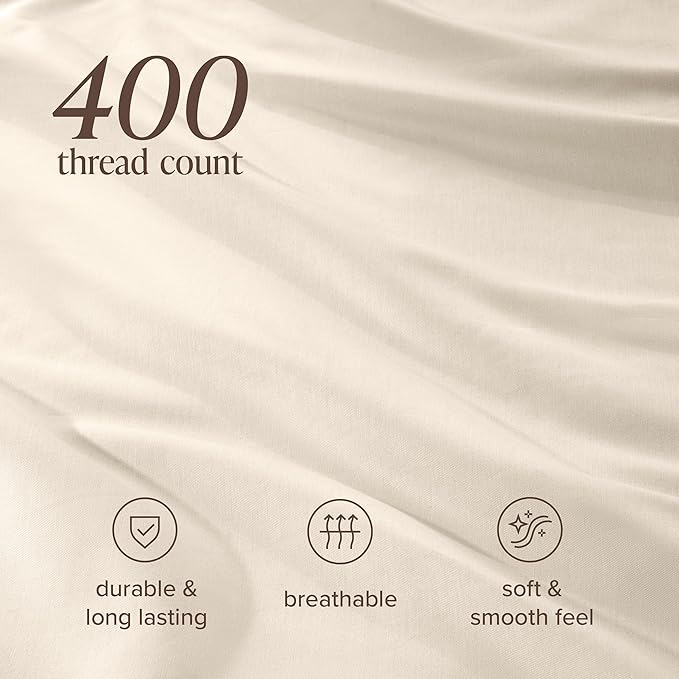 Bare Home 100% Organic Cotton Sateen Duvet Cover Set - Extra Long Size - 400 Thread Count - Smooth Sateen Weave - Warm & Luxurious - Duvet Cover (Twin/Twin XL, French Beige)