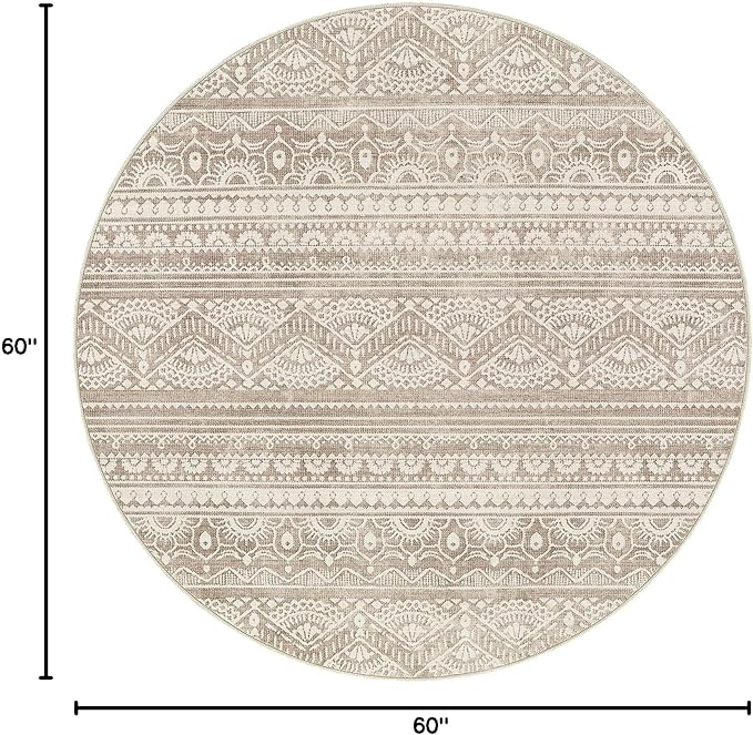 Tortania 5' Round Area Rug Living Room Rugs - Washable Large Soft Neutral Boho Moroccan Bohemian Farmhouse Rug Indoor Floor Carpet for Bedroom Under Dining Table Home Office Decor - Light Brown
