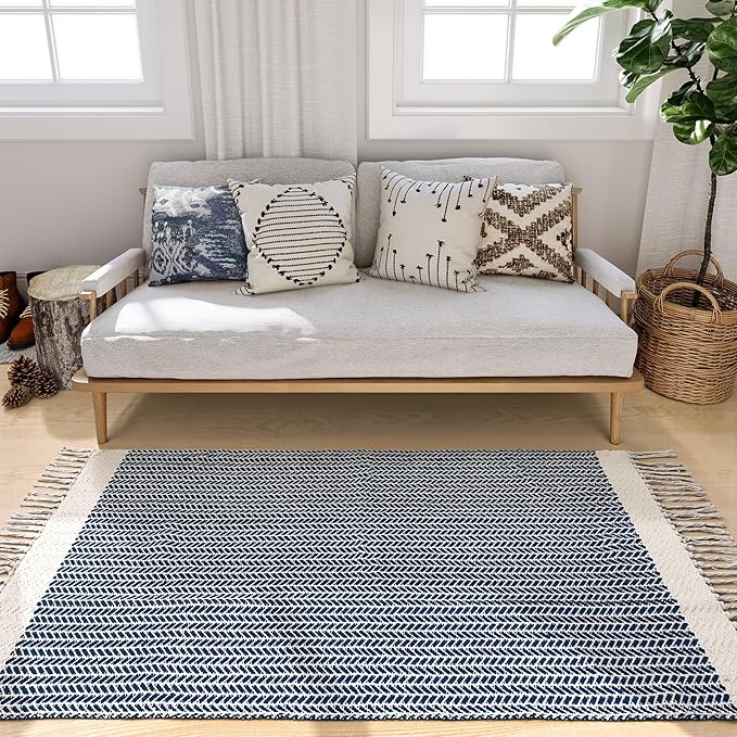 Lahome Belle Boho Bedroom Rug, 3x5 Kichen Rugs for Entryway Living Room Woven Washable Carpet with Tassels, Farmhouse Lightweight Navy Blue Non Shedding Floor Carpet for Bedroom Laundry